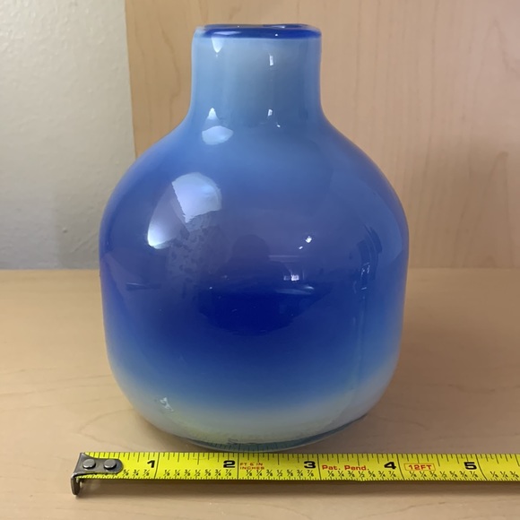 Semi-Transparent Cobalt Blue and Opaque Milky White Rounded Glass Vase 5.5" - Picture 6 of 7